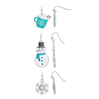 Silver Tone 3-Pair Hot Chocolate Snowman Earring Set