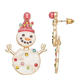 Gold Tone Christmas Light Snowman Earrings