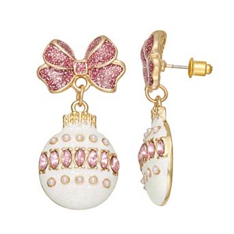 Gold Tone Glitter Bow Ornament Earrings