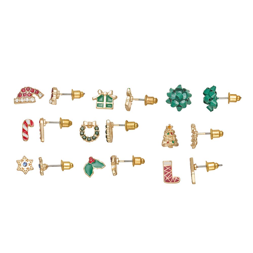 Gold Tone 9-Pair Christmas Earring Set