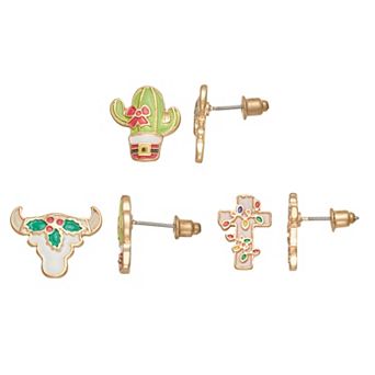 Gold Tone 3-Pair Western Holiday Earring Set
