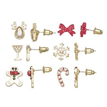 Gold Tone 6-Pair Christmas Martini & Bow Stud Earring Set