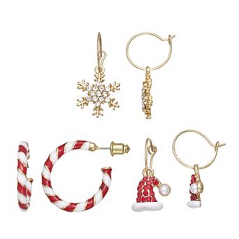 Gold Tone 3-Pair Christmas Hoops Earring Set