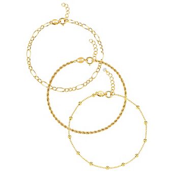 PRIMROSE Polished Bead Station Cable Chain, Rope Chain And Oval Link Chain Bracelet Set