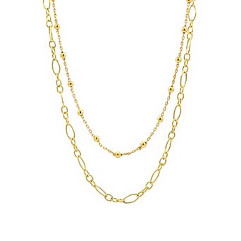 PRIMROSE Polished Triple Bead Station Cable Chain And Oval Link Chain Necklace Set