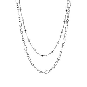 PRIMROSE Polished Triple Bead Station Cable Chain And Oval Link Chain Necklace Set