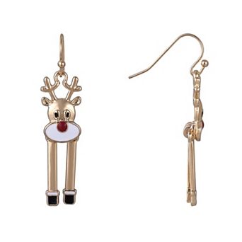 Gold Tone Reindeer with Dangling Legs Fishhook Earrings