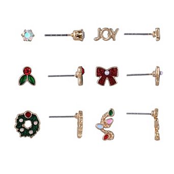 6-Pair Gold Tone Holiday Joy, Holly, Bow, Wreath & Light Strand Stud Earring Set