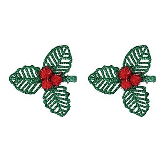 2 pc Green Glitter Holly Hair Clip Set