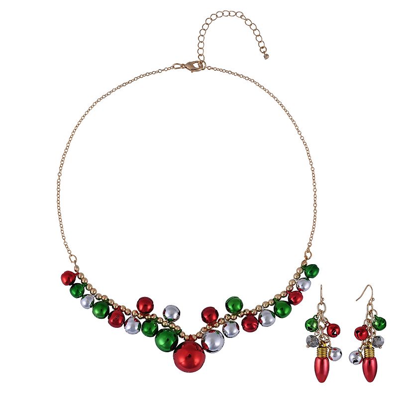 Gold Tone Polished Jingle Bell Necklace & Earring Set, Women's, Multi