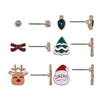 6-Pair Gold Tone Christmas Tree Bulb, Bow, Tree, Rudolph & Santa Claus Stud Earring Set