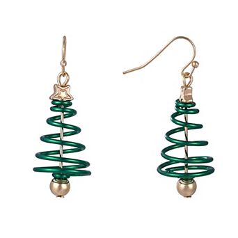 Green Spiral Gold Tone Enamel Christmas Tree Earrings