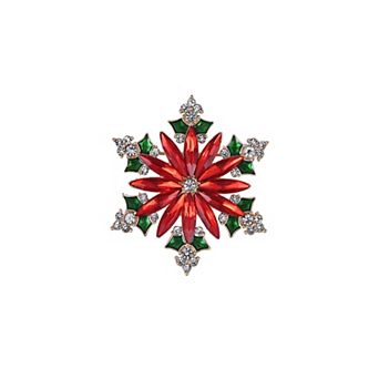Gold Tone Polished Enamel & Glass Poinsettia Pin