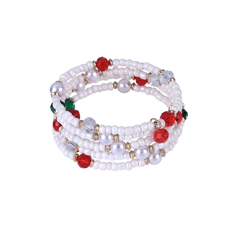 Gold Tone Polished Beaded Coil Bracelet, Women's, White