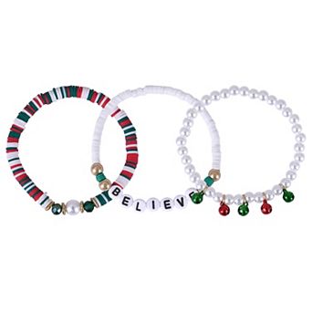 3 pc Gold Tone Believe Stretch Bracelet Set with Jingle Bell Drops