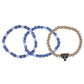 Gold Tone Menorah Charm 3 pc Beaded Stretch Bracelet Set