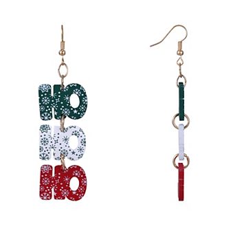 Gold Tone Acrylic Ho Ho Ho Linear Drop Earrings