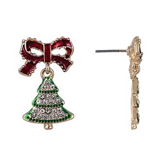 Gold Tone Bow & Christmas Tree Drop Earrings Stud Earrings