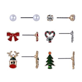 6-Pair Gold Tone Bow, Heart, Reindeer & Christmas Tree Stud Earring Set