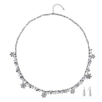 Silver Tone Snowflake Paperclip Chain Necklace & Simulated Pearl Earring Set