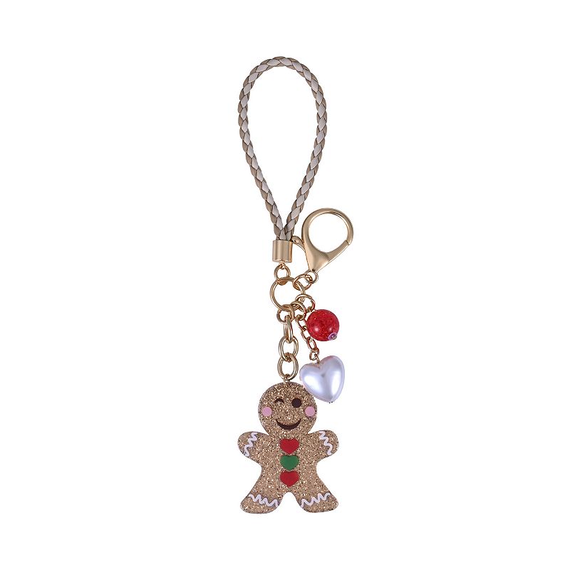 Acrylic Glitter Gingerbread Man with Heart & Bead Accents Keychain, Red