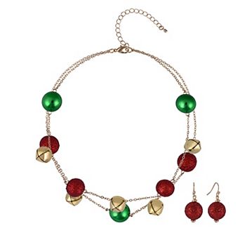 Gold Tone Glitter Balls & Jingle Bells Necklace & Earring Set
