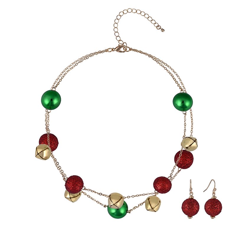 Gold Tone Glitter Balls & Jingle Bells Necklace & Earring Set, Women's, Multi