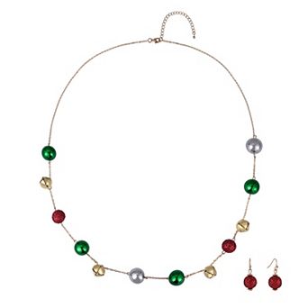 Gold Tone Glitter Balls & Jingle Bells Frontal Necklace & Earring Set