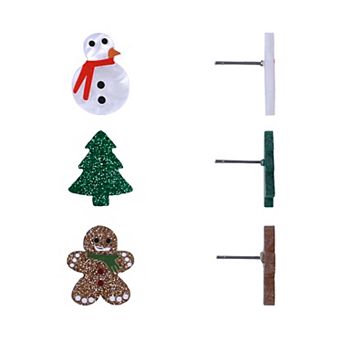 3-Pair Silver Tone Acrylic Snowman, Christmas Tree & Gingerbread Man Earring Set