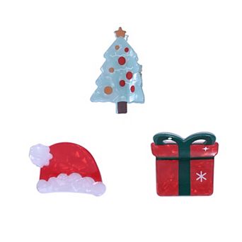 3 pc Acrylic Christmas Tree, Santa Hat & Present Claw Hair Clip Set
