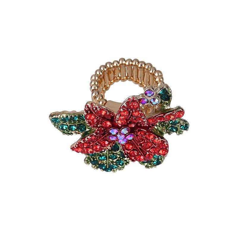 Gold Tone Red & Green Stone Poinsettia Stretch Ring, Women's,