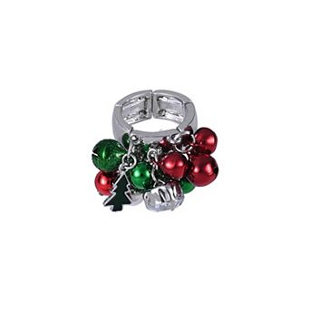 Silver Tone Enamel Red & Green Jingle Bells Stretch Ring