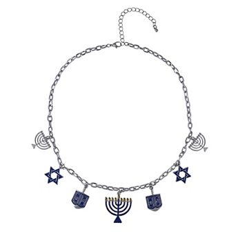 Silver Tone Blue Enamel Hanukkah Charm Necklace