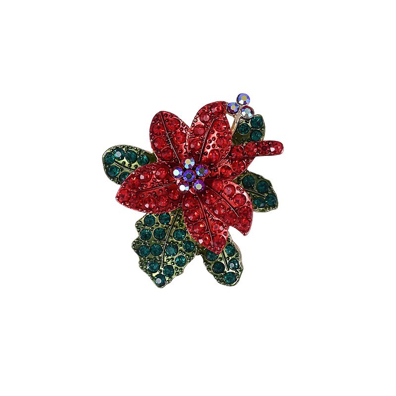 Gold Tone Rhinestone Poinsettia Pin, Women's, Red