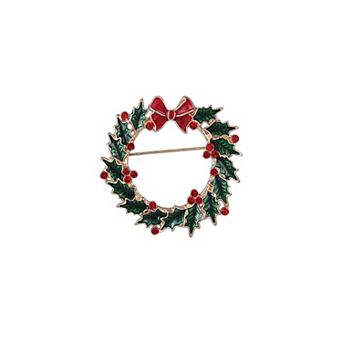 Gold Tone Holly Wreath Enamel Pin