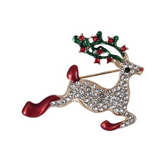 Gold Tone Reindeer Rhinestone & Enamel Pin