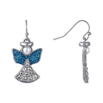 Silver Tone Enamel & Glass Angel Drop Earrings