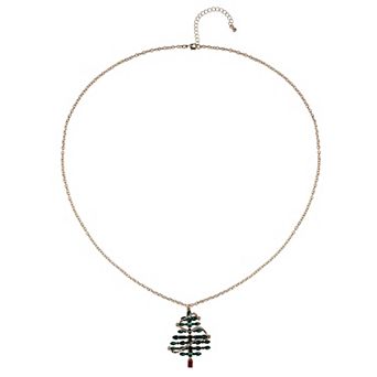Gold Tone Green Stone Christmas Tree Pendant Necklace