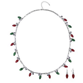 Silver Tone Acrylic Christmas Tree Light Bulb Necklace & Earring Set