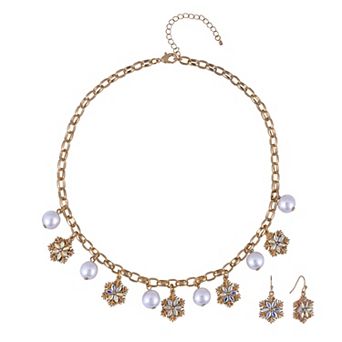 Gold Tone Snowflake & Simulated Pearl Necklace & Earring Set