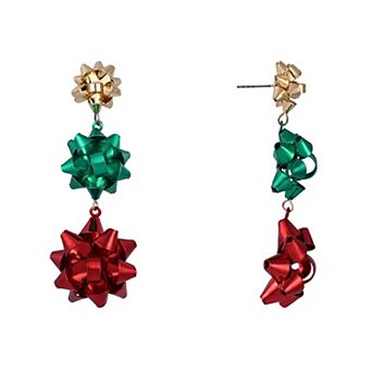 Gold Tone, Green & Red Gift Bow Linear Earrings