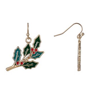 Gold Tone Green Enamel Holly Branch Earrings