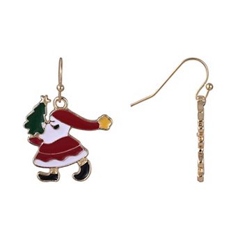 Gold Tone Enamel Santa Claus with Christmas Tree Earrings