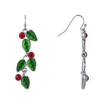 Silver Tone Green Enamel Holly Linear Earrings