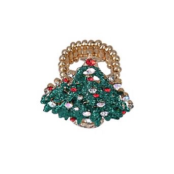 Gold Tone Stone Embellsihed Christmas Tree Stretch Ring