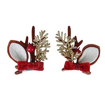 2 pc Brown & Gold Reindeer Ear with Red Velvet Bow Accent Hair Clip Set