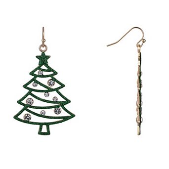 Gold Tone Green Glitter Enamel Christmas Tree Earrings