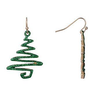 Gold Tone Green Glitter Christmas Tree Earrings