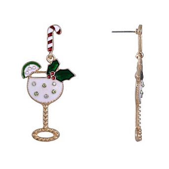 Gold Tone Candy Cane & Cocktail Glass Drop Stud Earrings
