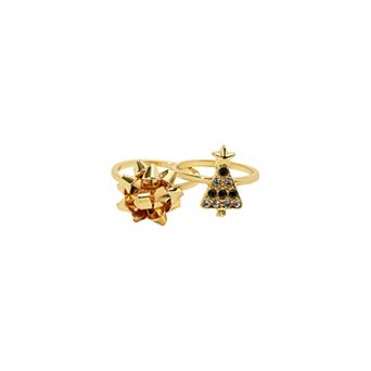 Gold Tone Tree & Bow Ring Set